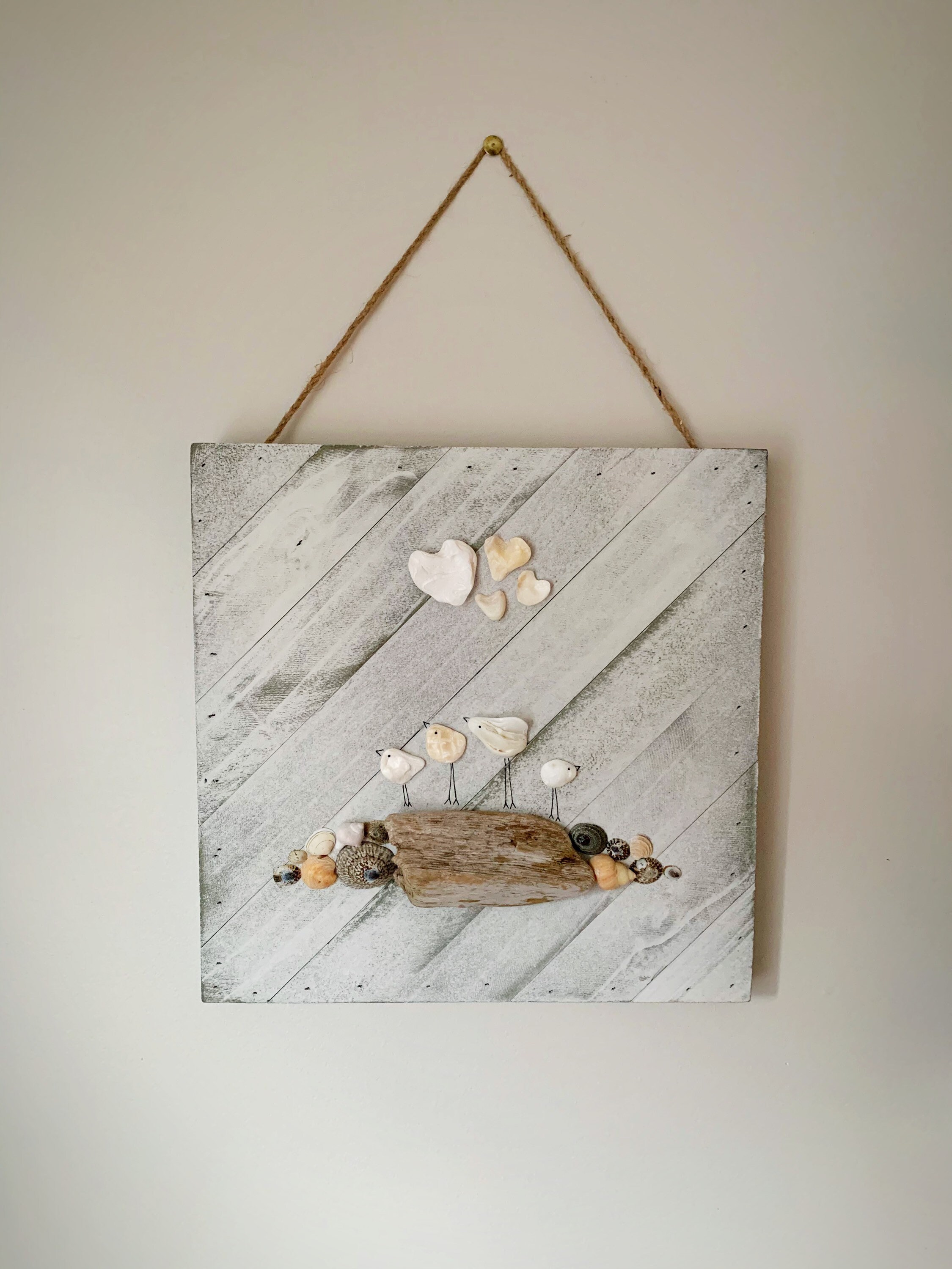 Shell & Driftwood Art on a 12x12 White Washed Rustic Wood Board. Wall