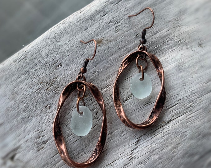 Sea Glass Earrings, 2” Copper Hammered Twisted Hoop Earrings with White (with hints of blue) Sea Glass, Beach Earrings, Birthday Gift