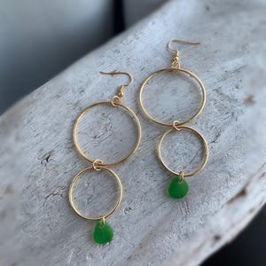 Sea Glass Earrings, Double Gold Hoop Earrings with Green Sea Glass, Ocean Earrings, Beach Earrings, Gift for her