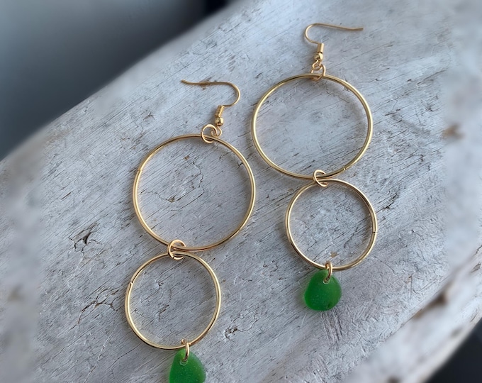 Sea Glass Earrings, Double Gold Hoop Earrings with Green Sea Glass, Ocean Earrings, Beach Earrings, Gift for her
