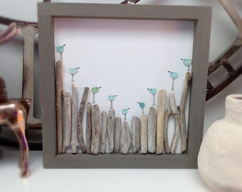 Sea Glass Bird Art, Sea Glass Birds and Driftwood Art, Colourful Sea Glass, Ocean Art, Birthday Gift, Beach Lover Gift