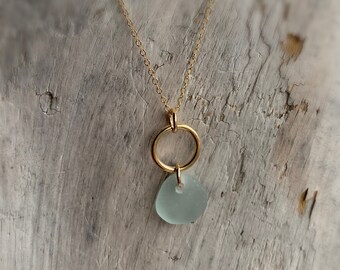 Sea Glass Necklace, 16” gold filled necklace with a blue sea glass pendant . Beach Jewelry, Ocean Necklace, Gift for her, Mother’s day Gift