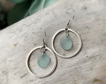 Sea Glass Earrings, 2” Light Aqua Blue Sea Glass & Antiqued Silver Hammered Hoops, Sea Glass Jewelry, Ocean Jewelry, Birthday Jewelry