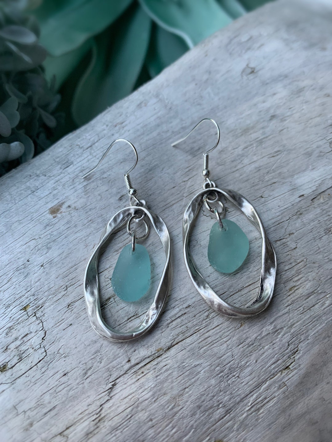 Sea Glass Earrings, 2 Aqua Blue Sea Glass & Antiqued Silver Hammered ...