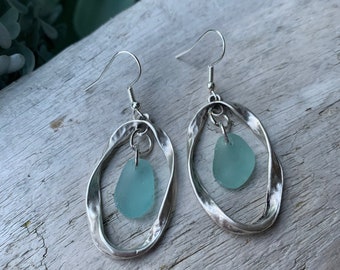 Sea Glass Earrings, 2” Aqua Blue Sea Glass & Antiqued Silver Hammered Earrings, Sea Glass Jewelry, Ocean Jewelry, Ocean Gift