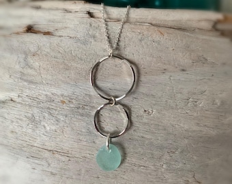 Sea Glass Necklace, 16” sterling silver chain with wavy hoop pendants and an aqua blue sea glass gem, Gift for her, Christmas Gift