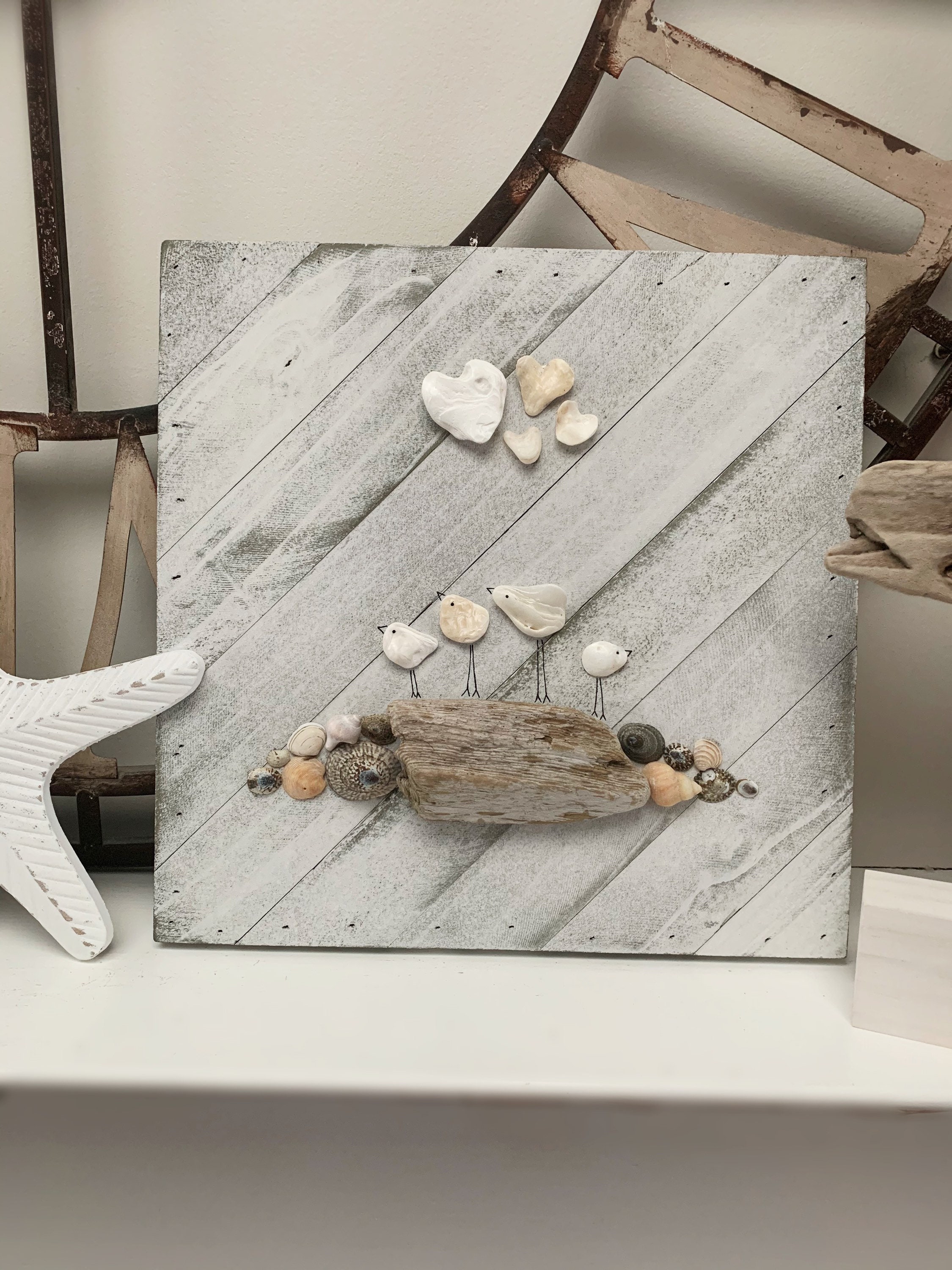 Shell & Driftwood Art on a 12x12 White Washed Rustic Wood Board. Wall
