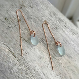 Sea Glass Earrings, Rose Gold 3 inch Threader & Aqua Blue Sea Glass Earrings, Ocean Earrings, Beach Earrings, Womens Earrings, Jewelry Gift