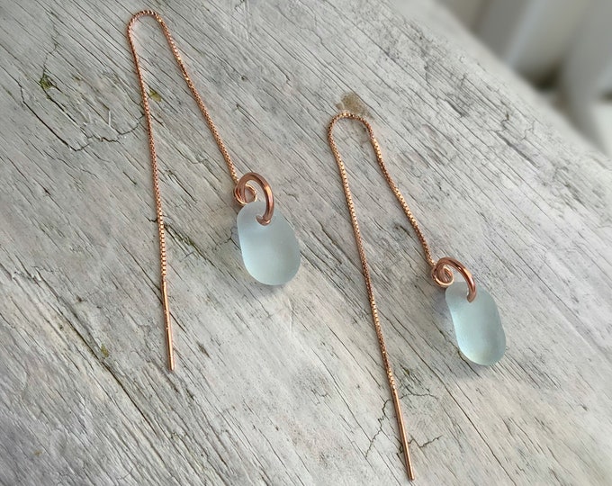 Sea Glass Earrings, Rose Gold 3 inch Threader & Aqua Blue Sea Glass Earrings, Ocean Earrings, Beach Earrings, Womens Earrings, Jewelry Gift