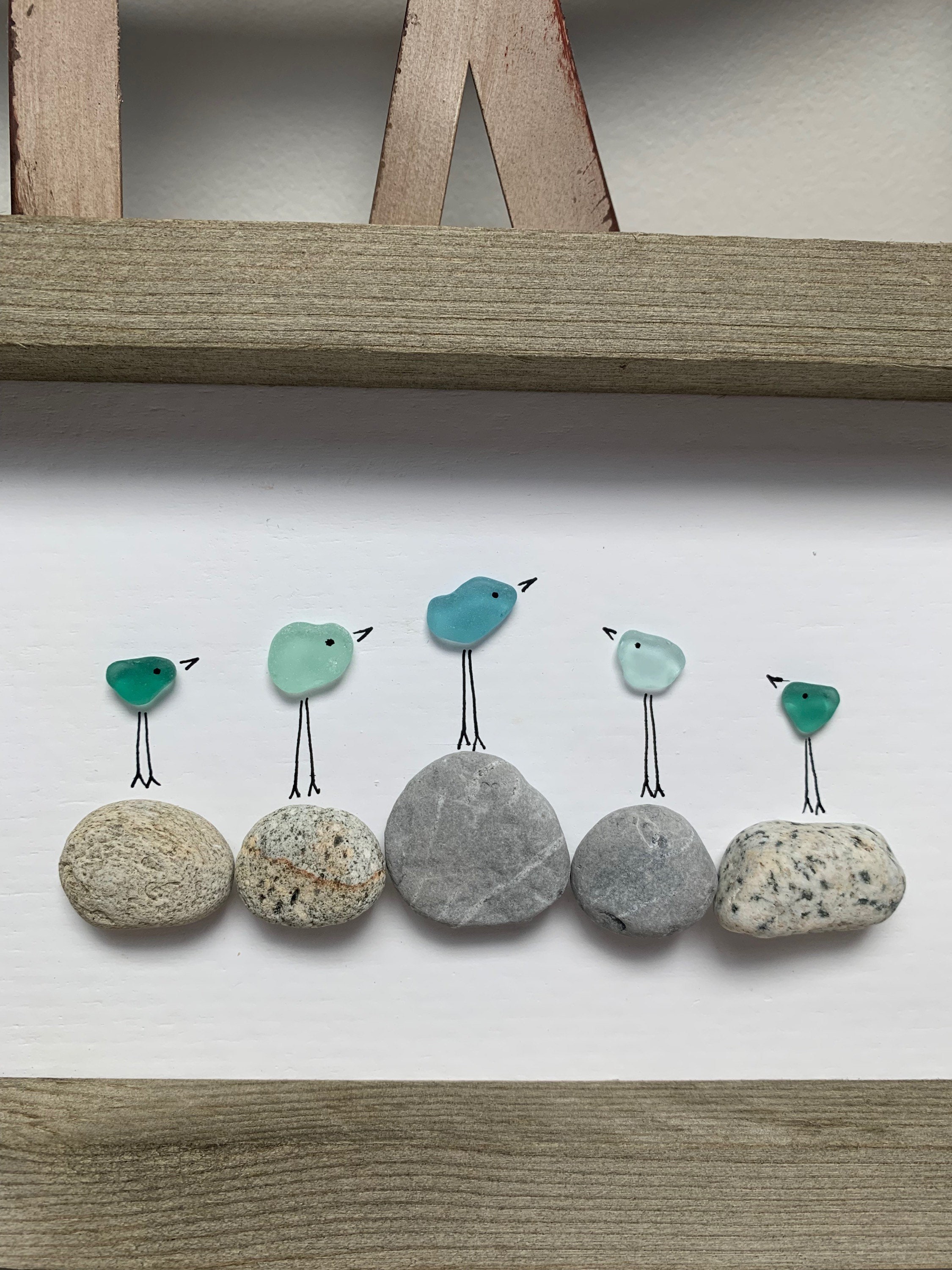 Sea Glass Art, Bird Art, Sea Glass Birds and Pebble Art, Aqua Blue