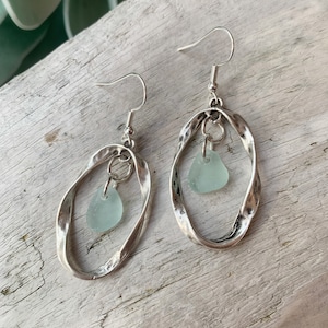 Aqua Sea Glass Earrings: Antiqued Silver Hammered Ocean Jewelry