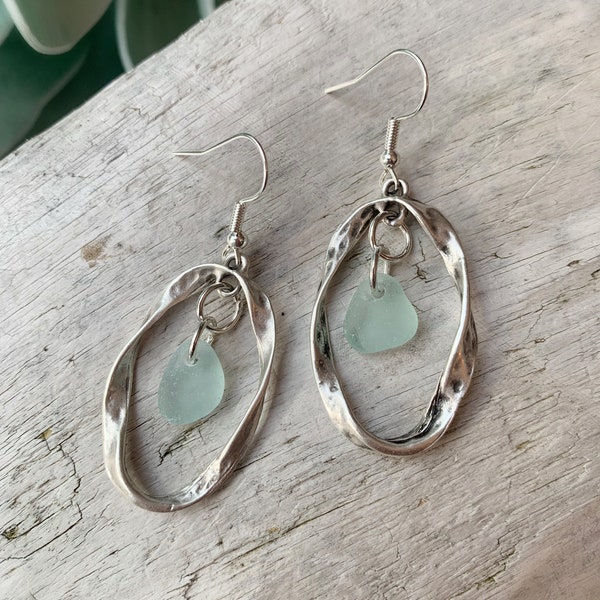 Sea Glass Earrings, 2” Light Aqua Blue Sea Glass & Antiqued Silver Hammered Earrings, Sea Glass Jewelry, Ocean Jewelry, Birthday Jewelry