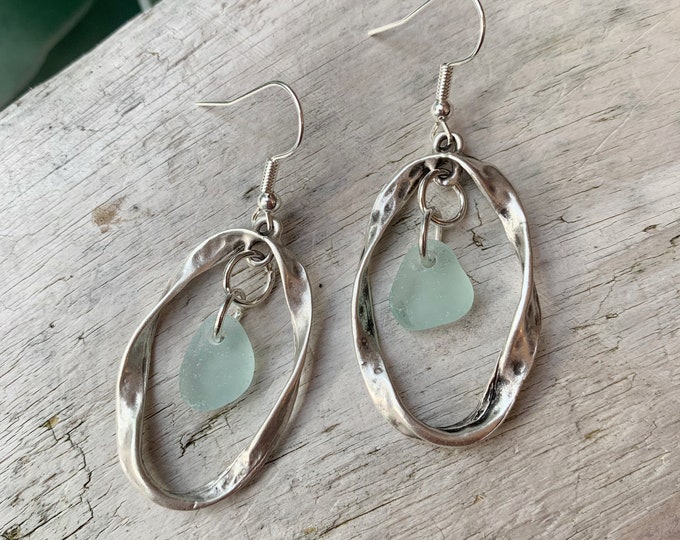 Sea Glass Earrings, 2” Light Aqua Blue Sea Glass & Antiqued Silver Hammered Earrings, Sea Glass Jewelry, Ocean Jewelry, Ocean Gift