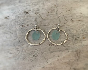 Sea Glass Earrings, Aqua Blue Sea Glass & Irregular Shaped Antiqued Silver Hoops, Sea Glass Jewelry, Ocean Jewelry, Beach Jewelry