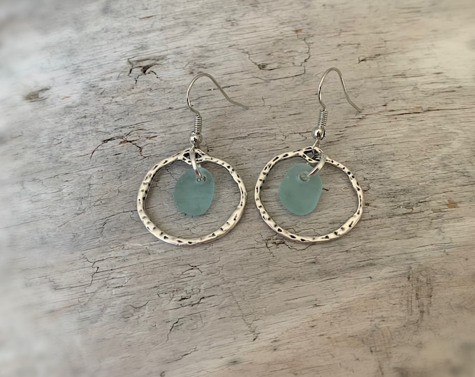 Sea Glass Earrings, Aqua Blue Sea Glass & Irregular Shaped Antiqued Silver Hoops, Sea Glass Jewelry, Ocean Jewelry, Beach Jewelry