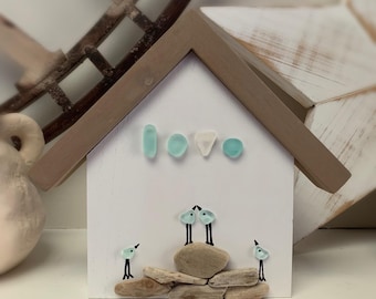 Sea Glass Birds Art, Coastal LOVE Decor, Handmade Wood Ocean Art