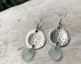 Sea Glass Earrings, 2” Light Aqua Blue Sea Glass & Antiqued Silver Disc Charm, Sea Glass Jewelry, Ocean Jewelry, Beach Jewelry