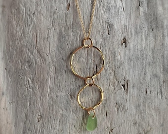 Sea Glass Necklace, 16” gold filled chain with wavy hoop pendants and an olive green sea glass gem, Gift for her, Christmas Gift