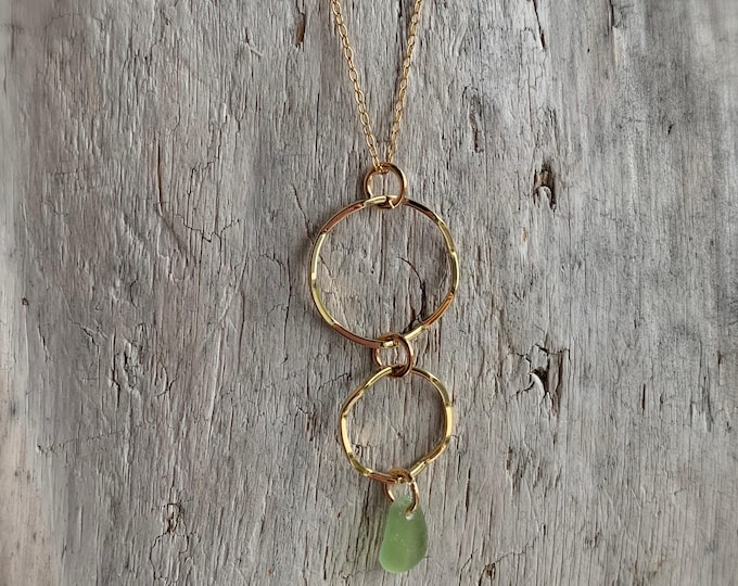 Sea Glass Necklace, 16” gold filled chain with wavy hoop pendants and an olive green sea glass gem, Gift for her, Christmas Gift