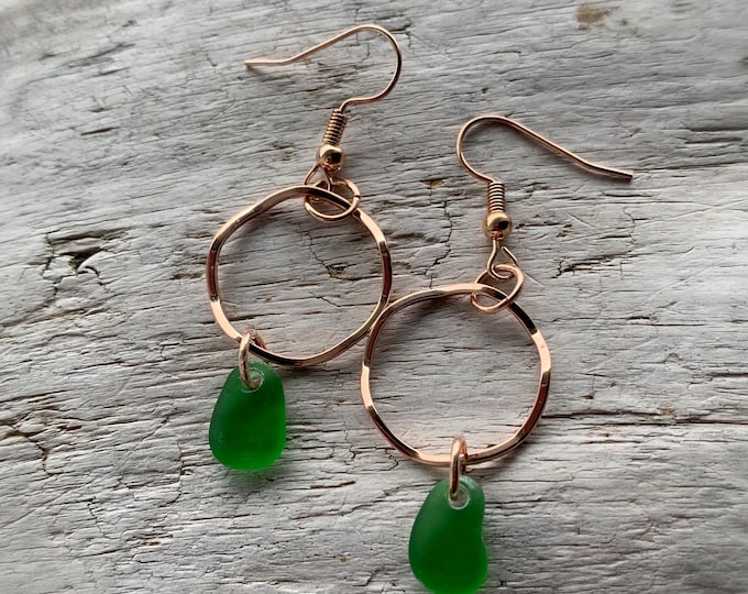 Sea Glass Earrings, Green Sea Glass & Wavy Hoop Rose Gold Earrings, Sea Glass Jewelry, Ocean Jewelry, Birthday Jewelry