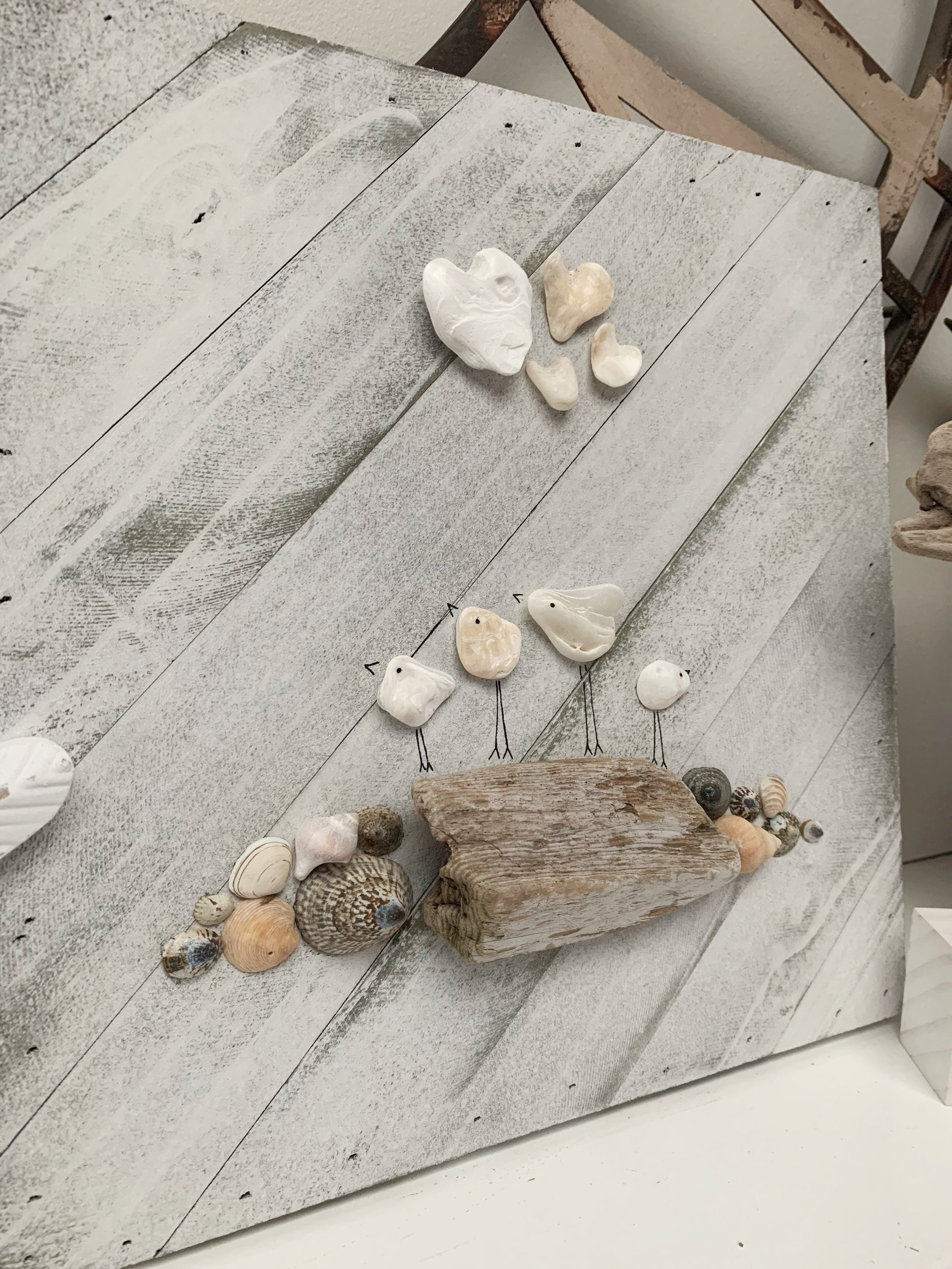 Shell & Driftwood Art on a 12x12 White Washed Rustic Wood Board. Wall