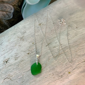 Sea Glass Necklace, Brilliant Green Sea Glass Pendant on an 16” Sterling Silver Dainty Chain Necklace, Beach Jewelry, Ocean Necklace