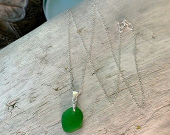 Sea Glass Necklace, Brilliant Green Sea Glass Pendant on an 16” Sterling Silver Dainty Chain Necklace, Beach Jewelry, Ocean Necklace