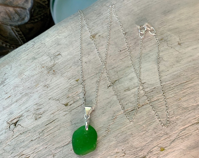 Sea Glass Necklace, Brilliant Green Sea Glass Pendant on an 16” Sterling Silver Dainty Chain Necklace, Beach Jewelry, Ocean Necklace
