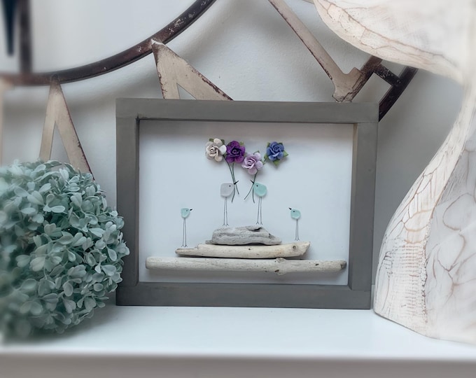Sea Glass Bird Art, Sea Glass Birds, Paper Flowers & Driftwood Art, Colourful Sea Glass, Ocean Art, Birthday Gift, Beach Lover Gift