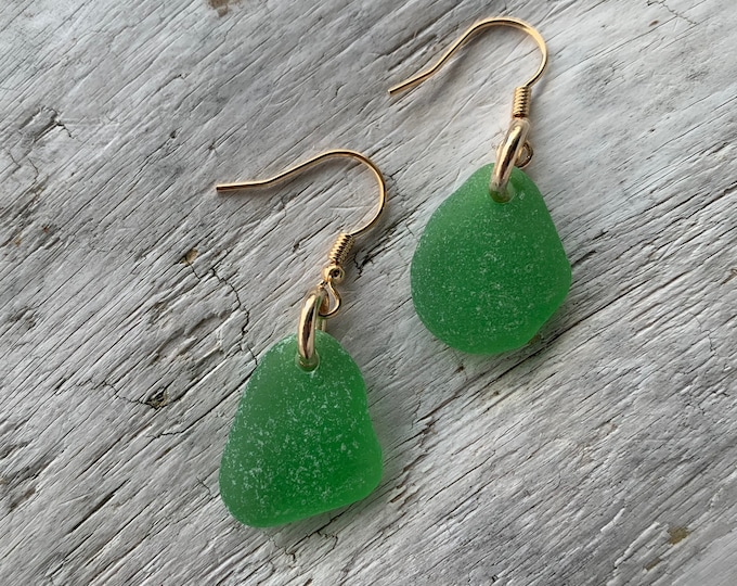 Sea Glass Earrings, 1.75 inch Gold Earrings, Minimalist Earrings with Brilliant Green Sea glass Pieces, Beach Earrings, Beach Jewelry