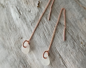 Sea Glass Earrings, Rose Gold 3 inch Threader & White Sea Glass Earrings, Ocean Earrings, Beach Earrings, Womens Earrings, Jewelry Gift