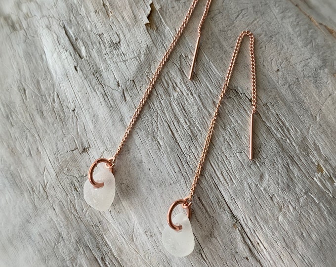 Sea Glass Earrings, Rose Gold 3 inch Threader & White Sea Glass Earrings, Ocean Earrings, Beach Earrings, Womens Earrings, Jewelry Gift
