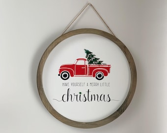 Christmas Wall Art, Sea Glass Art, Round wood sign with a Vintage Red Truck & Sea Glass Christmas Tree, 16“ x 16“, Christmas Decor