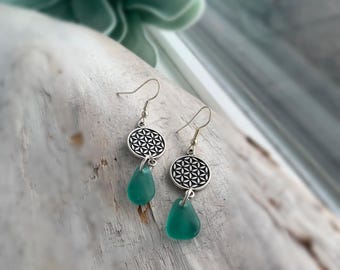 Turquoise Sea Glass Earrings: Antiqued Silver Medalion, Beach Earrings, Ocean Jewelry