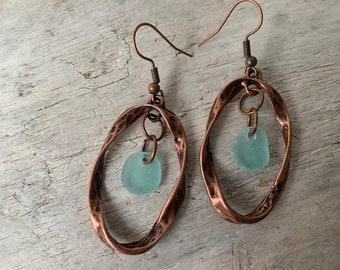 Sea Glass Earrings, 2” Copper Hammered Twisted Hoop Earrings with Aqua Blue Sea Glass, Beach Earrings, Birthday Gift