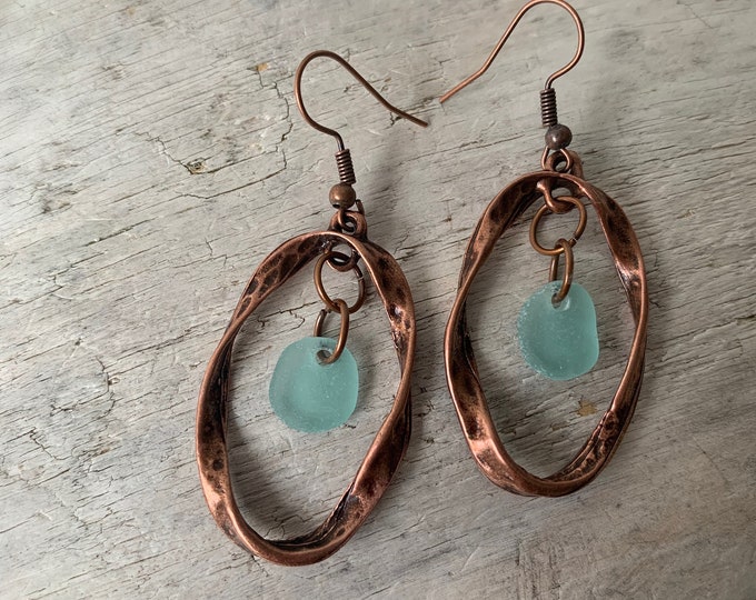 Sea Glass Earrings, 2” Copper Hammered Twisted Hoop Earrings with Aqua Blue Sea Glass, Beach Earrings, Birthday Gift