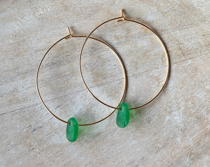 Sea Glass Earrings, 1.6" Gold Hoop Earrings with Green Sea Glass, Ocean Earrings, Beach Earrings, Gift for her