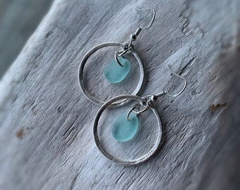 Sea Glass Earrings, 2” Long Aqua Blue Sea Glass & Antiqued Silver Hammered Hoops, Sea Glass Jewelry, Ocean Jewelry, Birthday Gift