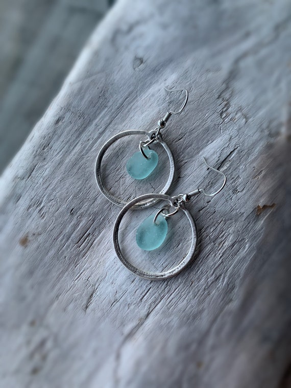 Aqua Sea Glass Earrings: Antiqued Silver Hammered Hoops, Salish