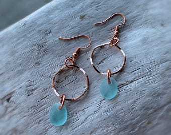 Sea Glass Earrings, 2”  Blue Sea Glass & Wavy Hoop Rose Gold Earrings, Sea Glass Jewelry, Ocean Jewelry, Birthday Jewelry, Birthday Gift