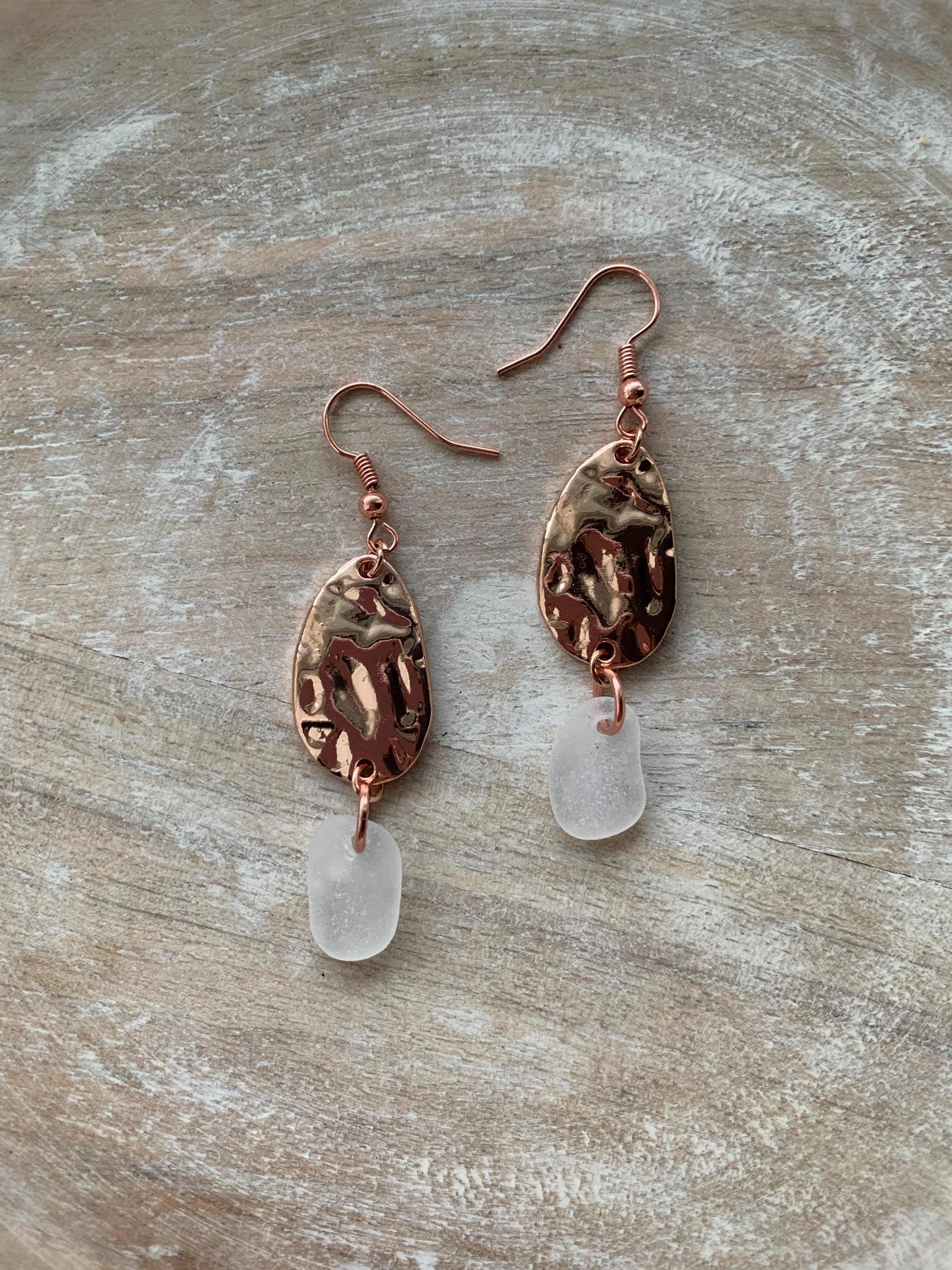 Sea Glass Earrings 2 Hammered Style Rose Gold White Sea Glass Sea glass earrings 2 hammered style rose gold white sea glass
