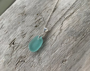 Sea Glass Necklace, Deep Aqua Blue Sea Glass Pendant on an 16” Sterling Silver Dainty Chain Necklace, Beach Jewelry, Ocean Necklace