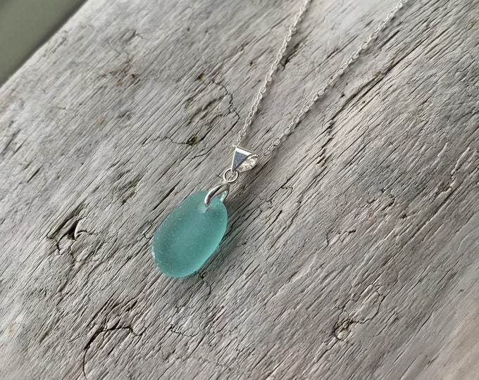 Sea Glass Necklace, Deep Aqua Blue Sea Glass Pendant on an 16” Sterling Silver Dainty Chain Necklace, Beach Jewelry, Ocean Necklace