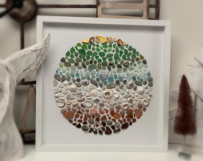 Sea Glass Art made with Vancouver Island Sea Glass, Sea Shells, Sea Pottery and Beach Pebbles, Beach Decor, Beach Art Gift