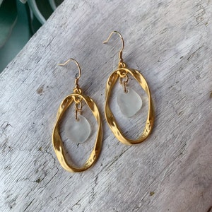 Sea Glass Earrings, 2” Gold Hammered Earrings with White Sea Glass, Beach Jewelry, Ocean Jewelry, Birthday Jewelry
