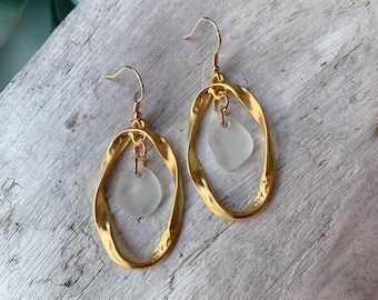 Sea Glass Earrings, 2” Gold Hammered Earrings with White Sea Glass, Beach Jewelry, Ocean Jewelry, Birthday Jewelry