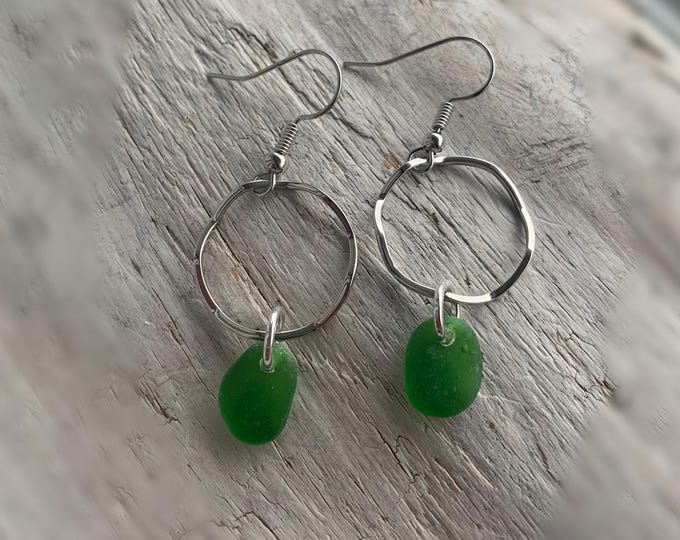 Sea Glass Earrings, 2” Green Sea Glass & Wavy Hoop Silver Earrings, Sea Glass Jewelry, Ocean Jewelry, Christmas Jewelry