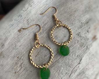 Sea Glass Earrings, Gold Textured Matte Hoop Earrings with Bright Green Sea Glass, Ocean Earrings, Beach Earrings, Christmas Gift