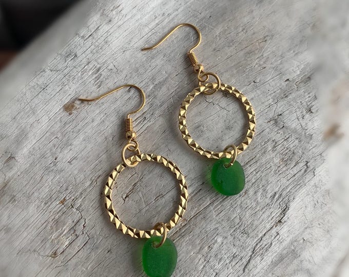 Sea Glass Earrings, Gold Textured Matte Hoop Earrings with Bright Green Sea Glass, Ocean Earrings, Beach Earrings, Christmas Gift