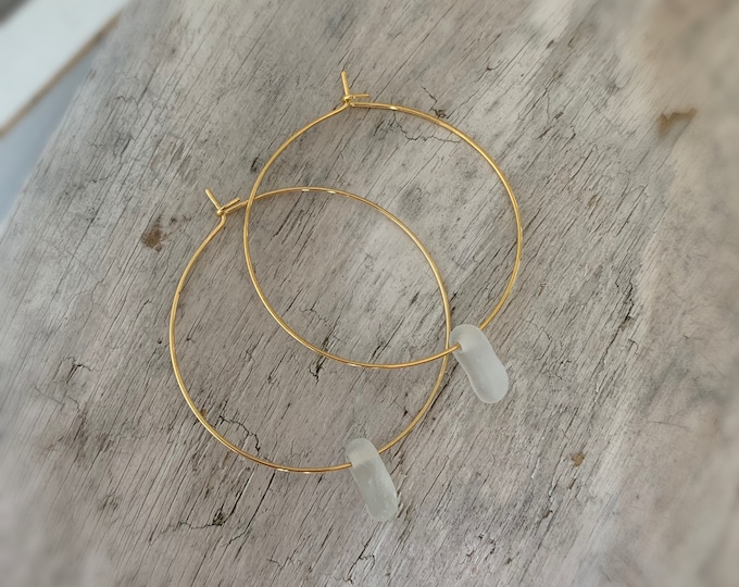 Sea Glass Earrings, 1.6" Gold Hoop Earrings with White Sea Glass, Ocean Earrings, Beach Hoop Earrings, Minimalist Earrings